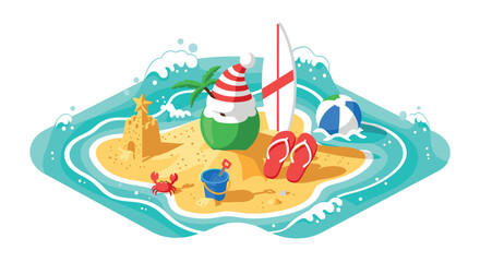 Tropical island with summer holiday elements in a colorful flat design