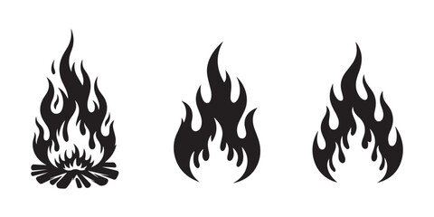 Classic silhouette flame. Black fire set isolated on white background. Old school tattoo neo-tribal style or silhouette flame for cars. Minimalistic stylish fire outline and filled contour. Vector set