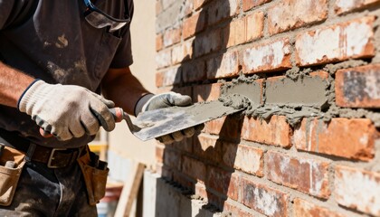 Medium shot of skilled worker applying mortar joint sealing to brick wall ensuring enhanced durability and protection against weather damage.