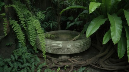Ancient stone bird bath surrounded by lush green foliage and gnarled tree roots garden weathered