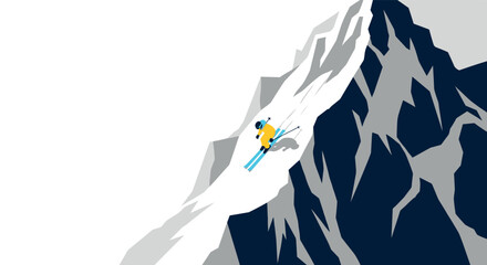 Minimalist mountain adventure skier descending steep snowy slope in winter landscape