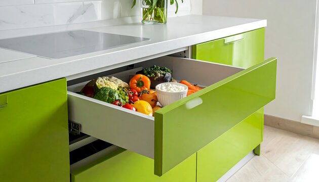 Green kitchen drawer is open, filled with fresh vegetables and a bowl. Bright, modern, well lit - Powered by Adobe