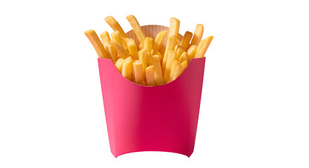 A yellow box of fast food french fries isolated on a white background for a snack or meal