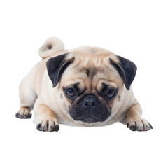 Obraz premium A fawn pug dog lies down on a transparent background, looking forward