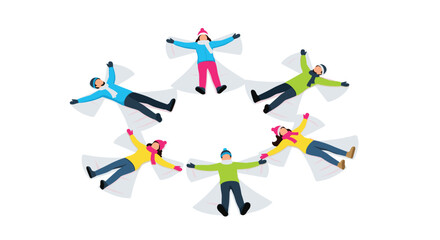 Group of friends making snow angels in a circle on a winter day