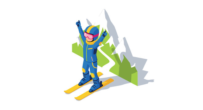 Isometric skiing adventure cheerful winter sports enthusiast in mountain landscape