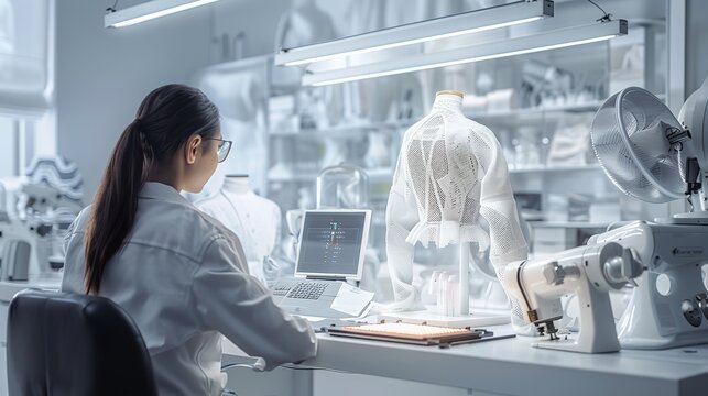 Young asian female fashion designer working on a new dress design in her studio with a laptop