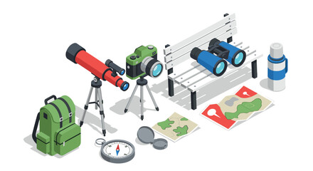 Isometric astronomy and adventure gear with telescopes, cameras, and maps