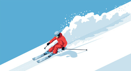 Dynamic skiing adventure in minimalist flat art style on snowy slope
