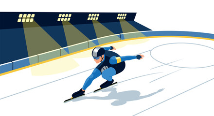 Obraz premium Speed skating athlete racing on ice rink in dynamic flat design illustration