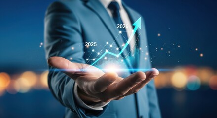 Businessman holding holographic graphs predicting future success in years 2025 2026