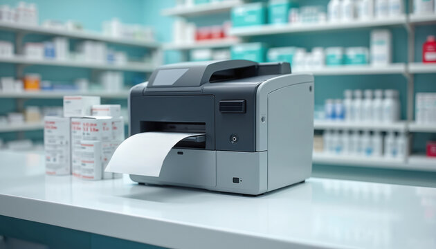 Printer outputs label sheets on a counter. Medicine boxes stack behind, pharmacy shelves fill background. Healthcare workflow efficiency in modern drug store operation.