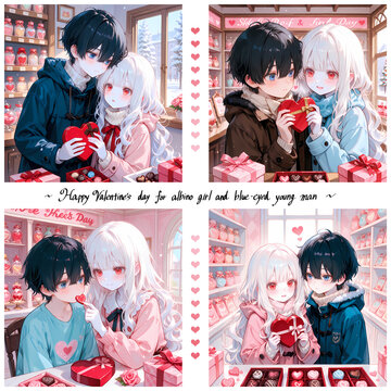 チョコレートを贈るカップル。アルビノの少女と碧眼の少年のバレンタインデー。日本の漫画風の可愛いAIイラスト4枚セット