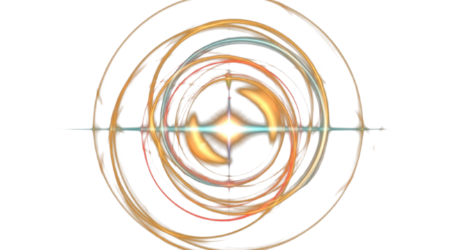 Golden yellow, amber, red, and soft cyan flares blending together on dark background, dynamic circular halos, cosmic prism glow, vibrant cinematic lighting. clean PNG