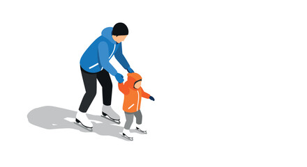 Fototapeta premium Father and child ice skating together in isometric winter scene