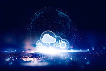 Global Cloud Computing Concept. Cloud Icons and Automation Gears with Digital Data Networks.