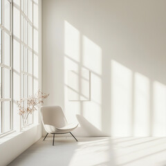  Modern minimalistic interior with a white designer chair near a large window. Empty mockup space,natural lighting.
