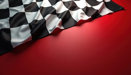 Obraz premium Black and white checkered flag waving against a red background. This photo represents motorsport racing success victory. The image depicts competitive sport spirit.