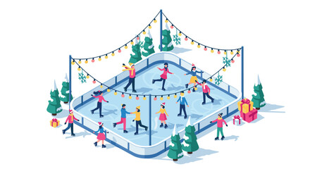 Festive ice skating rink fun with people in winter wonderland
