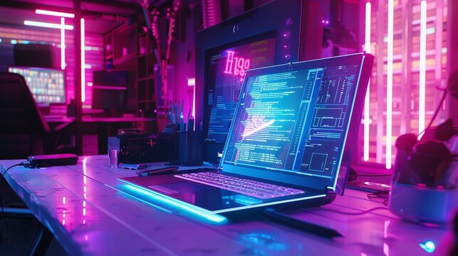 Laptop displaying code in a futuristic office with neon lights, showcasing a cyber environment and technology - Powered by Adobe