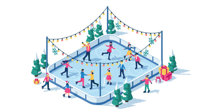 Festive ice skating rink fun with people in winter wonderland