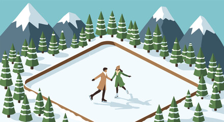 Couple ice skating on snowy mountain rink in isometric winter wonderland