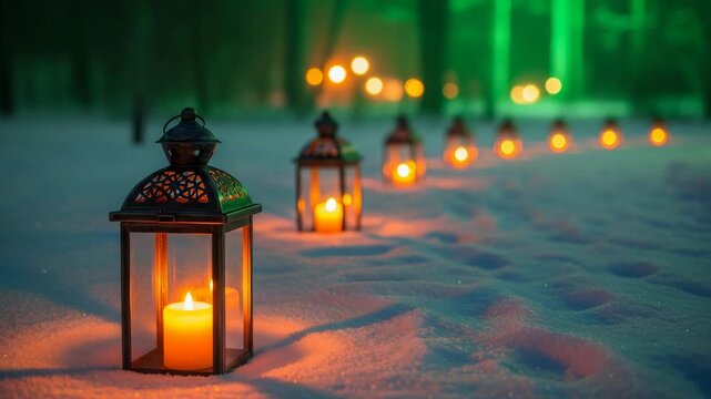 Path of lanterns with candles in the snow at night