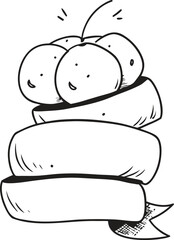 Hand drawn vintage style illustration of three cherries or berries sitting atop a blank curved decorative ribbon banner perfect for bakeries menus or logos design isolated