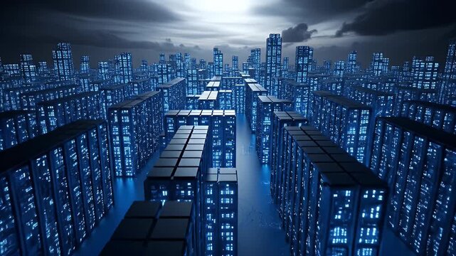 Abstract Night Cityscape Digital View with Illuminated Buildings