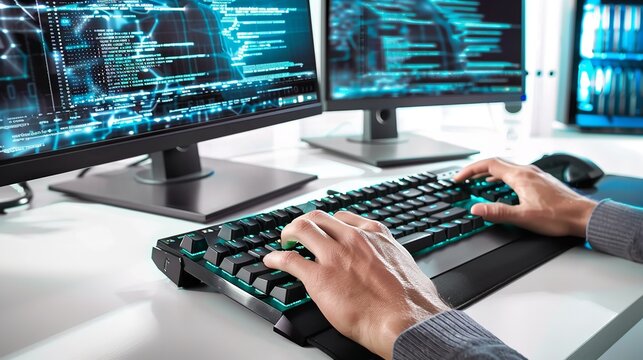 Hands typing on a backlit keyboard, navigating complex code on multiple monitors in a modern office