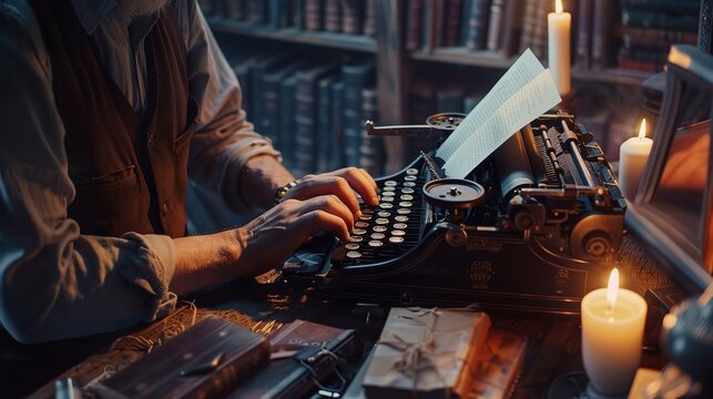 Hands typing on a vintage typewriter amidst candlelight and antique books, creating a nostalgic atmosphere - Powered by Adobe