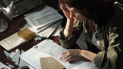 Stressed woman reviewing bills and financial documents at her desk, feeling overwhelmed by debt