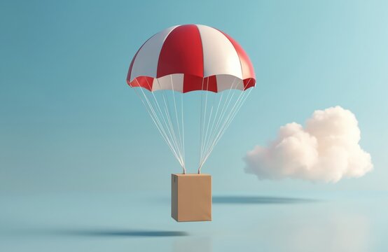 Cardboard package descends on a red and white parachute against a clear blue sky with soft clouds. Minimalist 3D concept represents speedy delivery, online shopping, and global logistics.