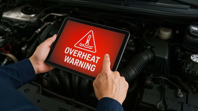 Overheat warning alert displayed on tablet device held by mechanic inspecting engine compartment representing automotive repair diagnostics and safety system alert concept