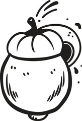 Hand drawn black and white vector sketch illustration of a cute pumpkin shaped pot or mug with steam, perfect for halloween, fall, autumn, or thanksgiving themed designs and print projects.