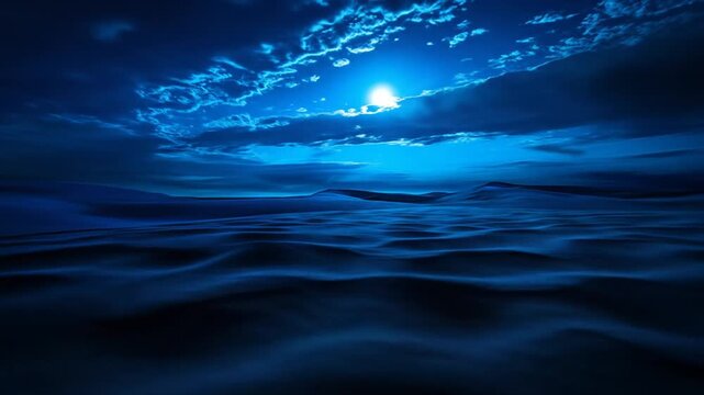 Ethereal deep blue night landscape with glowing moon and rippling dark water surface under dramatic clouds