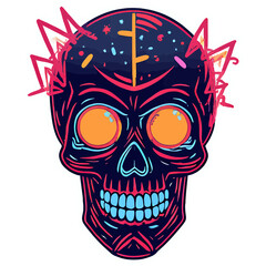 Naklejka premium Cybernetic Skull with Neon Graffiti Patterns and Sparks | Futuristic Glowing Skull with Electric Effects | Cyberpunk Skull Design with Vivid Neon Art | Techno Skull Illustration with Electric Energy