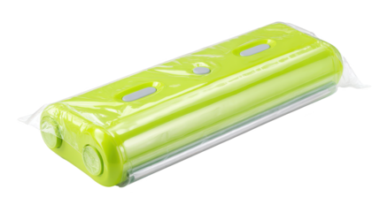Green plastic case with two white buttons is displayed detail view of green plastic case featuring two white buttons