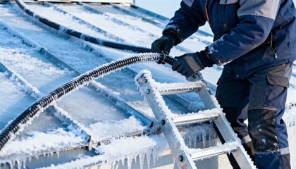 Closeup of a professional securing flexible roof heating cables while standing on a ladder against a cold icy rooftop backdrop