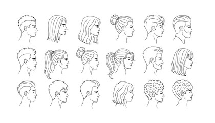 set of man woman profile line art head, hairstyle, men, women outline collection, variety line art. hairstyles, male and female head silhouettes, showcasing various hairstyles, side view