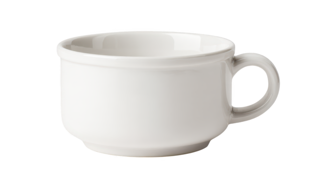 White mug features prominent handle ceramic vessel has handle used for hot or cold drinks