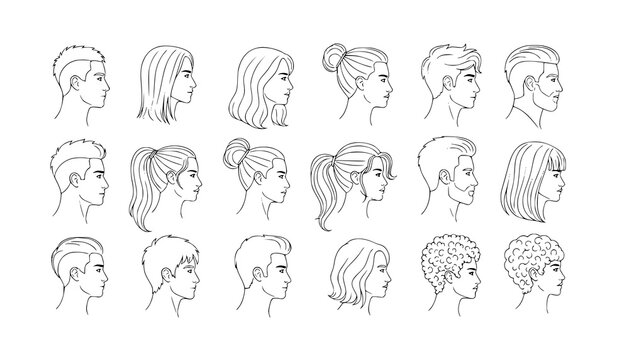 set of man woman profile line art head, hairstyle, men, women outline collection, variety line art. hairstyles, male and female head silhouettes, showcasing various hairstyles, side view