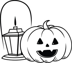 Smiling halloween jack-o'-lantern and vintage candle lantern outline drawing isolated on a clean white background, spooky autumn holiday themed line art illustration.
