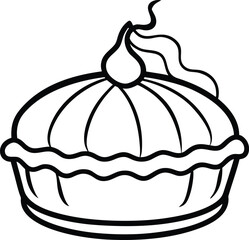 A delicious retro monochrome line art illustration of a traditional homemade baked pie or fruit tart, topped with whipped cream, isolated on a white background for easy coloring or graphic design use.
