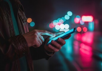 Man using smartphone at night with vibrant city lights bokeh background