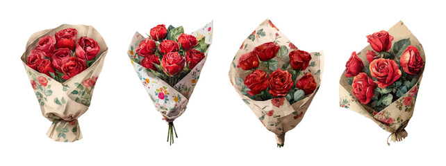 Watercolor set of rose bouquets. Red roses packed in printed paper. Floristic bouquets of flowers for gifts. Floral elements for Valentine's Day, March 8, Mother's Day, etc.