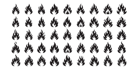Classic silhouette flame. Black fire set isolated on white background. Old school tattoo neo-tribal style or silhouette flame for cars. Minimalistic stylish fire outline and filled contour. Vector set