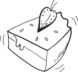 Hand drawn slice of bitten cake or cheesecake illustration with a stylized strawberry topping, a simple black and white outline dessert doodle icon isolated on white.
