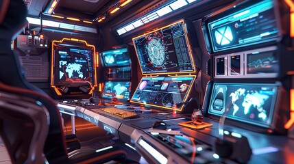 Inside a spaceship cockpit with advanced technology and screens displaying data and information