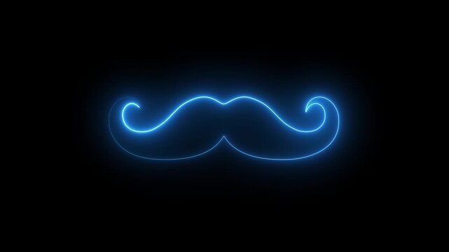 Neon royal mustache icon animation on black background, glowing facial hair symbol, elegant style and fashion concept, luxury barber logo, vintage grooming and masculine design element
